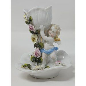 Vintage SPM Dresden Meissen German Porcelain Toothpick Holder Cupid Angel‎